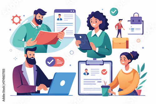 Vector art of human resource team reviewing resumes and hiring new employees
