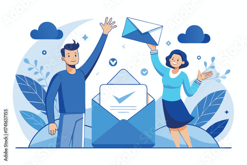 Vector art of cheerful man and woman sending and receiving email messages communication concept