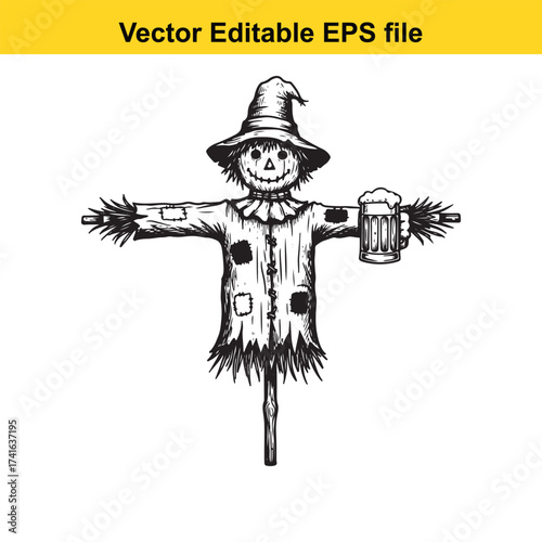 Vector art of scarecrow holding a mug of beer
