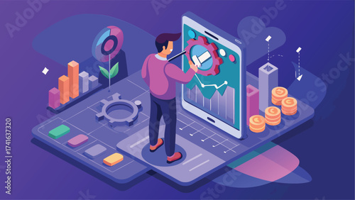 Vector art of isometric illustration of a man analyzing data on a mobile app for business growth and development