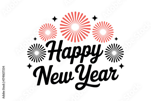 Happy new year text with fireworks on a white background design art