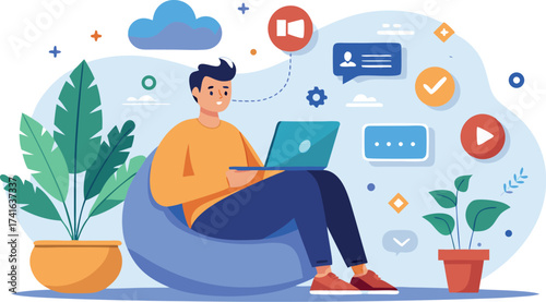 Vector art of man sitting in a beanbag chair working on a laptop with social media icons and plants around him