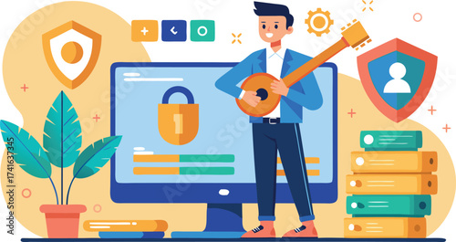 Vector art of man playing guitar in front of computer with security shield