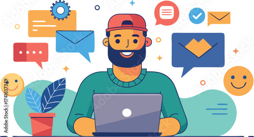 Vector art of man with laptop surrounded by message bubbles