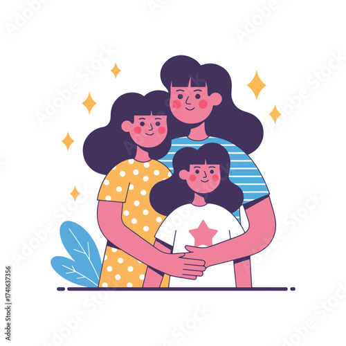 Family Illustration Featuring Three Individuals in Coordinated Outfits Surrounded by Sparkles and Leaves Warm, Cheerful Visual Representing Love, Togetherness, and Unity for Relationship.