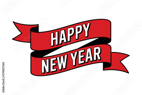 A red banner with the words happy new year in white on a white background