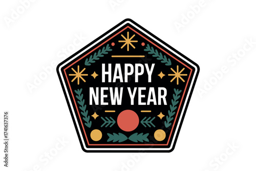 A happy new year design in a pentagon shape with floral elements