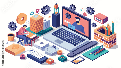 Vector art of isometric illustration of designer working on a laptop, surrounded by design elements