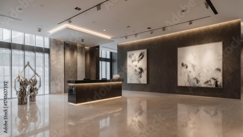 Modern office lobby with art, sculpture, and a sleek reception desk illuminated by recessed lighting