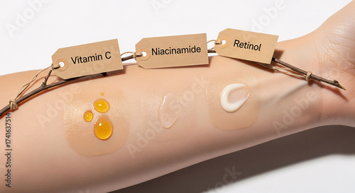 Skincare active ingredients comparison. Swatches showing the different cosmetic textures of Vitamin C, Niacinamide, and Retinol serums and cream on skin, labeled for a beauty science and dermatology