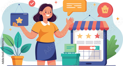 Vector art of young woman is promoting her online shop ecommerce concept illustration