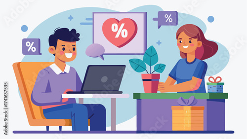 Vector art of a couple is enjoying online dating and special discount offers