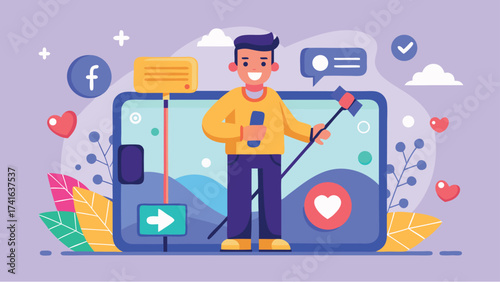 Vector art of a young man is creating content for social media