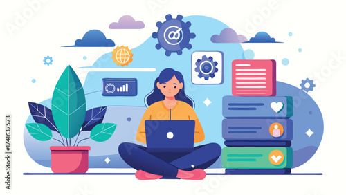 Vector art of a woman is working on her laptop, surrounded by social media icons and a plant