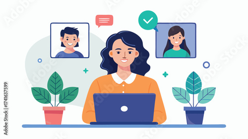 Vector art of a young woman is sitting at a desk and working on her laptop, having a video call