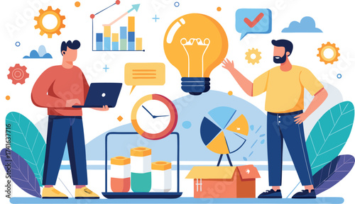 Vector art of two men working on a business project with laptop, light bulb, charts, and other business related items