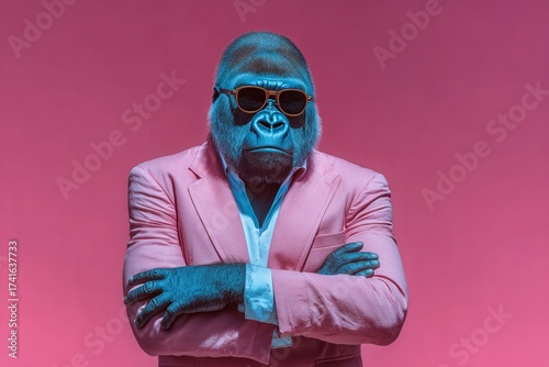 Cool gorilla in sunglasses and pink suit exudes confidence and style perfect for modern branding and creative projects
