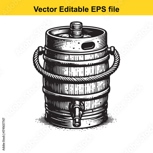 Vector art of wooden beer barrel with tap and rope handles