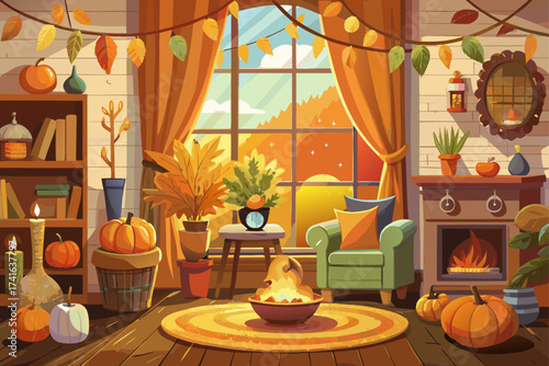 vector of Cozy autumn decor zoom background with warm natural light