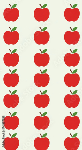 Pattern of red apple with green leaf and brown stem, repeated on a pale background. Represents a healthy diet, autumn harvest, orchard.