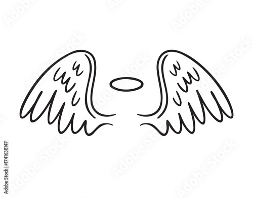 angel wings and a halo doodle hand drawn icon set. Outline drawing angel wings and a halo line clipart symbol collection