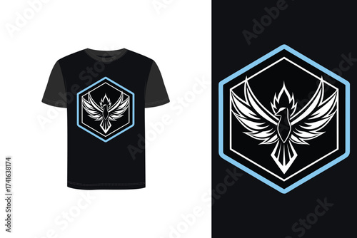 Tshirt mockup t-shirt with phoenix logo inside blue hexagon outline bird