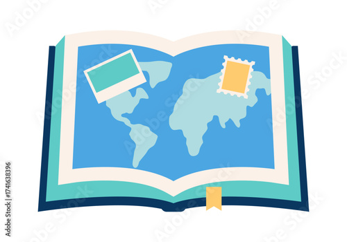 Flat colored travel journal icon, minimal symbol for writing, documenting trips, and tourism design.