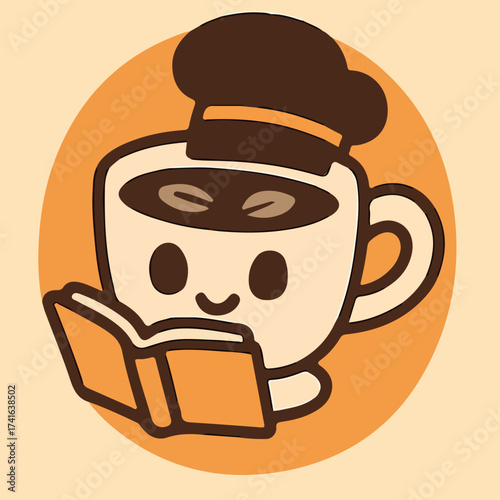 Coffee cup reading a book scholar barista cozy cafe study mascot icon