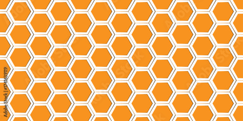 Seamless vector honeycomb pattern design with yellow hexagonal cells and bee structure for texture or wallpaper. comb, color, beehive, decoration, element, metal, metallic, grille, speaker, perforated