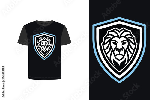 Tshirt mockup t-shirt with stylized lion head shield logo separate logo dark vector