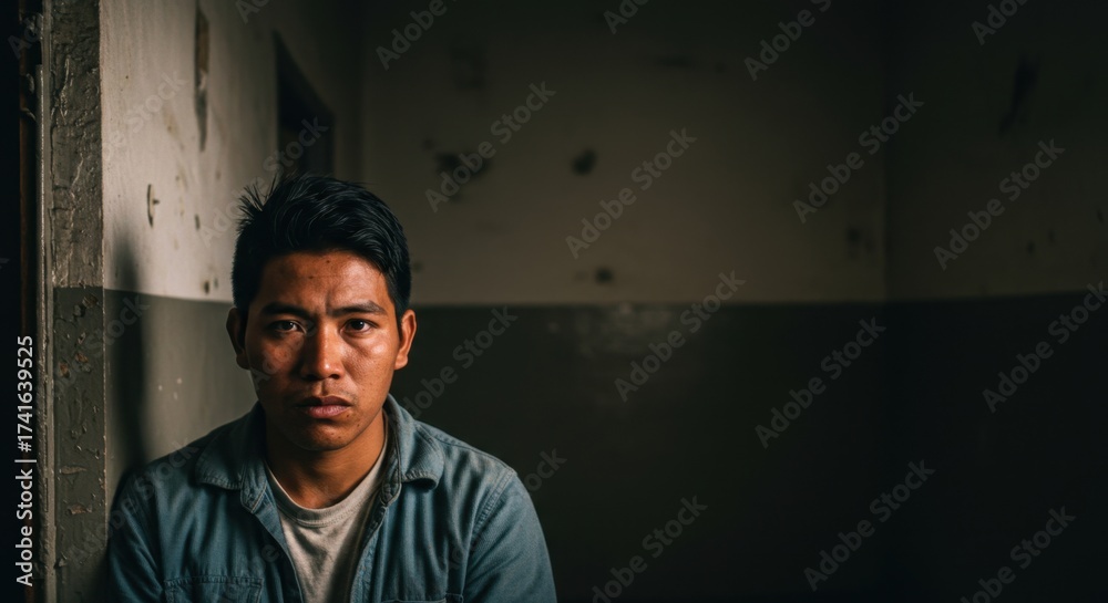 Obraz premium Young asian man looking serious with a gaze into the camera. Social issue concept for poverty, inequality, and human rights.