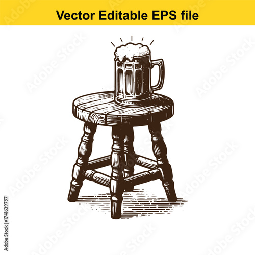 Vector art of vintage beer mug with foam on a wooden stool