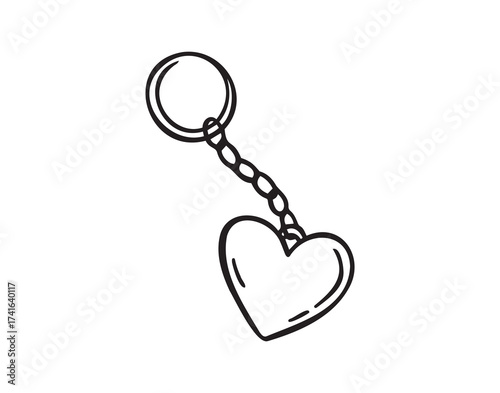 Keychain with love heart hand drawn doodle symbol, outline drawing keychain heart