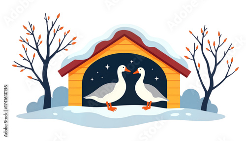Two geese standing in a colorful shelter during winter season  
