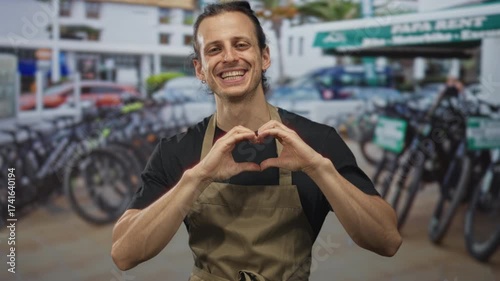 Man with long hair wearing apron forms a heart with his hands in front of bike rental on street while smiling; community kindness joy.