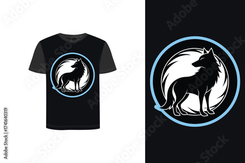 Tshirt mockup wolf silhouette inside a blue circular emblem vector