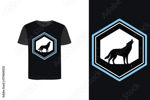 Tshirt mockup wolf silhouette howling inside a hexagon frame with stars vector