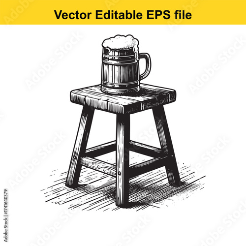 Vector art of a wooden mug of beer with foam