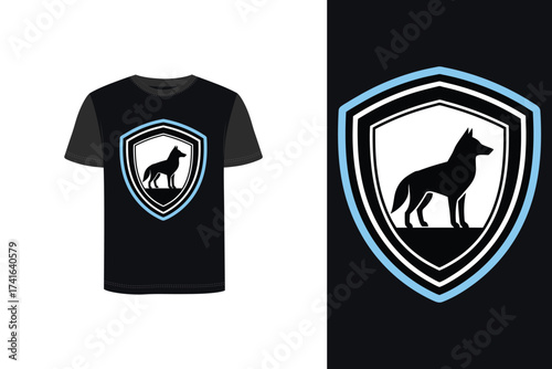 Tshirt mockup wolf silhouette inside a shield emblem a t-shirt vector