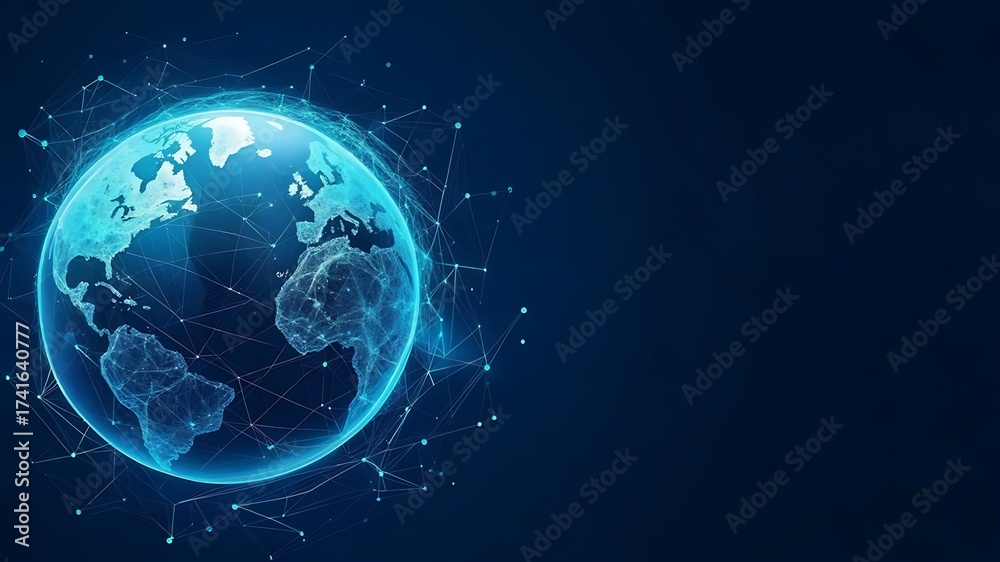 Obraz premium Futuristic Digital Globe with Global Network Connections, Digital Earth with Glowing World Map, Technology Background, and Blue Plexus Lines