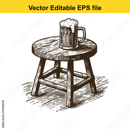 Vector art of vintage beer mug on a wooden stool