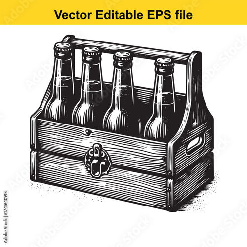 Vector art of wooden sixpack carrier with bottles