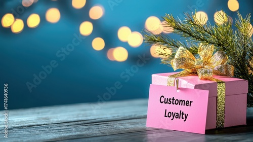 A gift box with a customer loyalty tag, adorned with festive decorations and warm bokeh lights in the background.