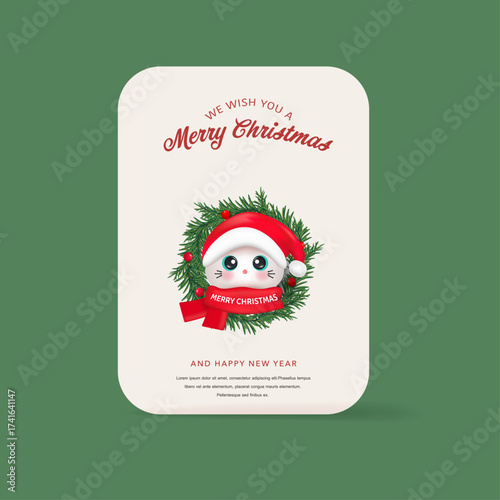 Merry Christmas card with cute cat wearing red Santa Claus hat pokes his head out of christmas wreath on white background..