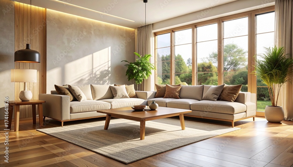 Fototapeta premium Linen Sofa and Oak Table with Directional Warm and Cool Light