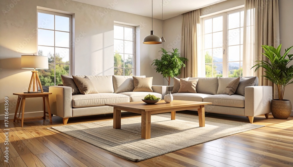 Fototapeta premium Linen Sofa and Oak Table with Directional Warm and Cool Light