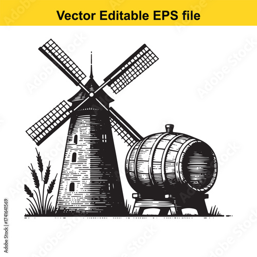 Vector art of vintage windmill and barrel illustration
