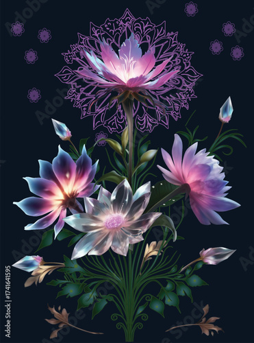 light lilac fantasy flowers isolated on dark blue background