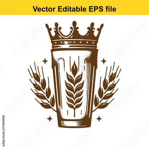 Vector art of glass of beer with crown and wheat illustration