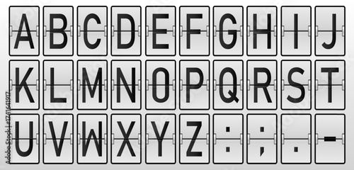 White capital alphabet letters. Retro font text symbols. Computer monitor characters, airport or station scoreboard typescript. Vector EPS 10